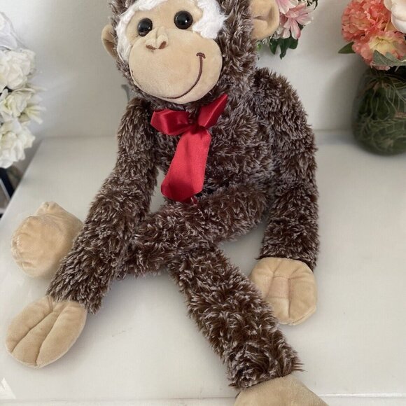 Vintage Pier One 1‎ Imports Brown Hanging Monkey Plush Poseable Animal 26" Bow - Picture 6 of 16